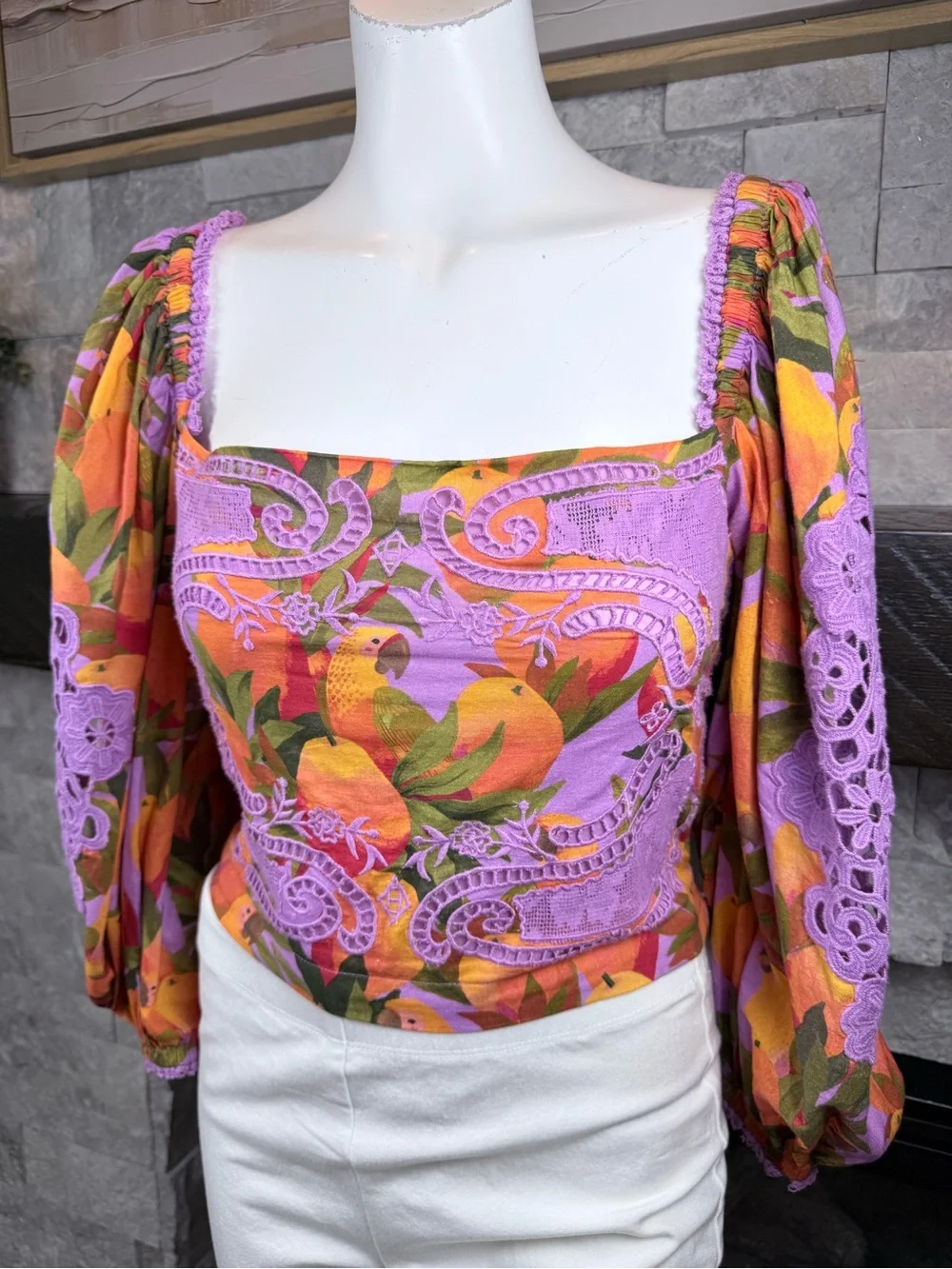 Lavender & Orange Floral Lace Square-Neck Puff Sleeve Top